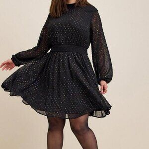 TORRID GOTH WEDDING BLACK MINI CLIP DOT BLOUSON SLEEVE DRESS 1 1X 14 16